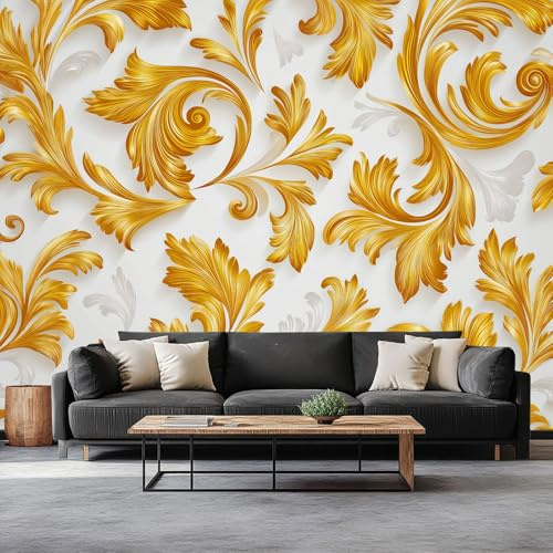 Générique Papier Peint Panoramique Or 400 x 280 cm, Style Baroque Plantes Feuilles Papier Peint Intissé Tapisserie Poster Photo Muraux pour Salon Chambre Chambre D'enfant Décoration Murale