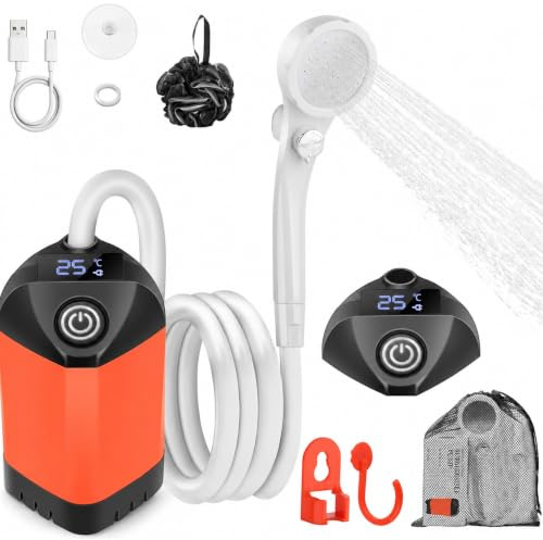 B013 Portable Camping Dusche mit 7800mAh Akku, USB-C, 3-Stufen Duschkopf & leiser Pumpe – Wasserdicht mit LED Temperaturanzeige für Vanlife, Outdoor Reise, Strand & Haustier