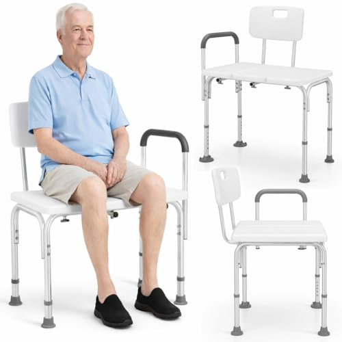 BAKAJI Sgabello da Doccia Doppio con Schienale e Braccioli, Struttura Alluminio e Seduta Ergonomica in HDPE, Sedile da Bagno per Anziani, Disabili e Persone con Mobilità Ridotta, Regolabile Altezza
