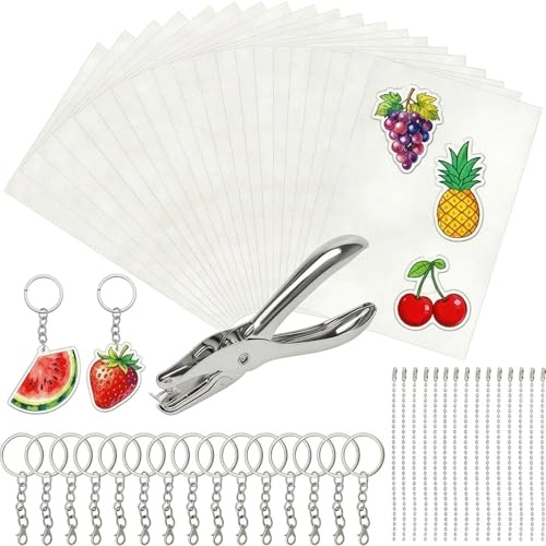 JININOSEU 49 Stück A5 Schrumpffolie Set Schlüsselanhänger, Schrumpffolie Set Mit 18 Blank Schrumpfpapier, Schlüsselring, Kugelkette und Locher für Kinder DIY Handwerk Deko