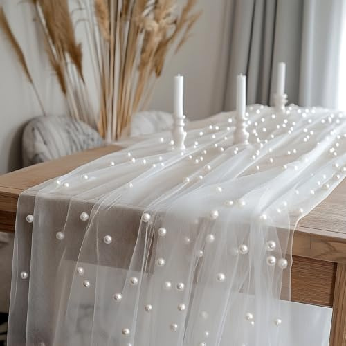 70x300 cm White Elegant Pearl Table Runner, Lace Tablecloth