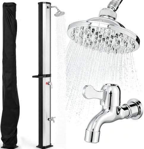 HOMASIS Solardusche 60L mit Ablage, Gartendusche mit Warmwasser bis 60°C, wetterfest Aussendusche für Garten & Pool inkl. Schutzhaube, 360° Duschkopf, Fußdusche & Wasserhahn (Schwarz+Silber)