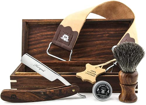 Haryali London Cut Throat Razor Kit - 5pc Shaving Kit- Straight Razor - Badger Shaving Brush - Leather Strop - Honing Compound - Wooden Box - Luxury Gift for Men
