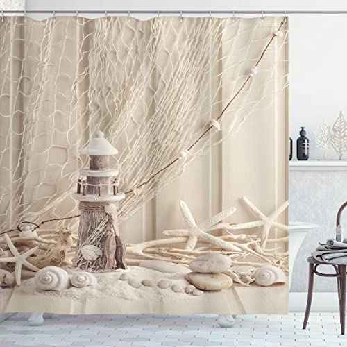 ABAKUHAUS Unterwasser- Duschvorhang, Marine Fischernetz, mit 12 Ringe Set Stielvoll Modern, 175x200 cm, Beige Creme