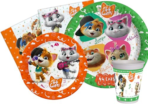 Kit Party Tavola 44 Gatti per 24 persone (112 pezzi: 24 piatti Ø23cm, 24 piatti Ø20cm, 24 bicchieri 200ml, 40 tovaglioli 33x33cm)