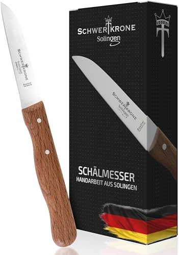 Schwertkrone Couteau à Éplucher, Lame en Acier Inoxydable 9cm, Manche en Bois de Cerisier, Finition Premium Solingen