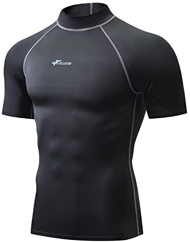 Sillitor Rash Vest Mens Short Sleeve Sun Protection Swimming Shirts for Men Compression Base Layer Mens Rash Guard for Surf Diving Wetsuit Cycling,Quick Dry High Wicking Breathable Black Grey 2XL