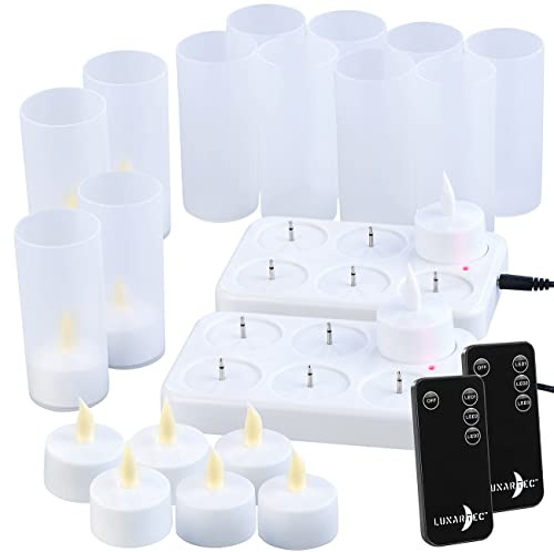 Lunartec LED Teelicht aufladbar: 12er-Set Akku-LED-Teelichter mit Ladestation, Fernbedienung, 15 Std. (Kerzen mit Ladestation, Weihnachtskerzen, Flamme)