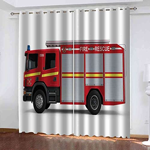 JOMAKE Gardinen Wohnzimmer Rot, 3D Vorhänge Modern Verdunkelungsvorhänge 2er Set, Feuerwehrauto Vorhang Blickdicht mit Ösen Gardine Schlafzimmer Deko 2 x 140 x 175 cm（B X H）