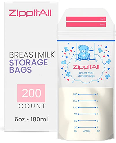 DiRose Breastmilk Storage Bags -6 oz 200 Count Double Zipper Leak Proof Capacity Extra Thick and Seal BPA/BPS Free/Disposable Pouches | Self-Standing Bag for Long and Safe Storing