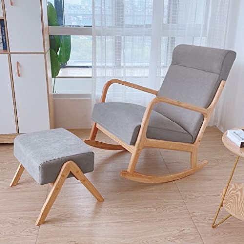 Massivholz-Schaukelstuhl, passender Fußhocker, fauler Rückenlehnenstuhl, Liegestuhl, bequemer Kinderzimmer-Schaukelsessel, moderner Mid-Century-Schaukelstuhl aus Stoff (Color : Gris, S