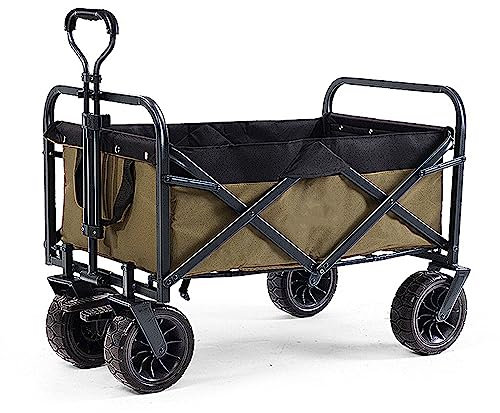WYJRO Khaki Bollerwagen Faltbar,Grün Faltbar Tarnung Garten Handwagen Breite Reifen Transportwagen Mit Seitentasche Verstellbarem Griff Kapazität 150L,Bis 120Kg Tragkraft,(b) Green