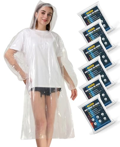 Airpler Disposable Rain Ponchos for Adults, 6 Pack Clear, Family Pack Emergency Hooded Ponchos for Travel, Camping, Hiking