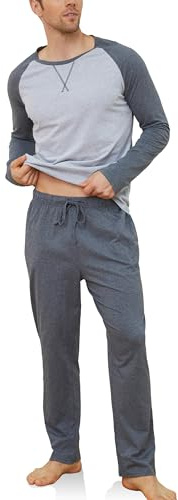 Reliwel Pyjamas Herr Vinter Lång Pyjamas Bomull Tvådelad Långärmad Pyjamas och Byxor Herrpyjamas Set Varm Mjuk Pyjamas med Fickor, Mörkgrå, L