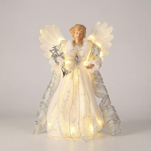 Valery Madelyn Christmas Angel Tree Topper Decorations, Silver and White Angel Tree Top Figurine with Warm LED Lights, Battery Operated for Christmas Tree Decoration, 10Inch/26cm
