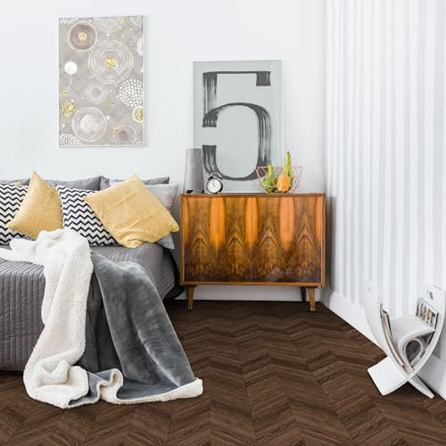 WAVAPAL Carta adesiva per pavimenti in vinile con stampa a spina di pesce Cheveron color marrone scuro con stampa a spina di pesce, per soggiorno, camera da letto, cucina, 39,9 x 199,9 cm