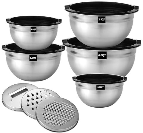 HAOYULUO 5 piezas Cuencos Mezcladores de Acero Inoxidable, boles de acero inoxidable con tapa-4.5L/2.7L/1.6L/1.1L/0.7L,con 3 accesorios para moler, encajables para guardarlos, aptos para lavavajillas