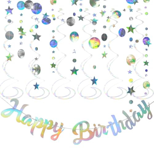 NIYATA Happy Birthday Girlande Regenbogen, Geburtstagsdeko mit 4 m | Irisierender Papier Girlande, Happy Birthday Banner und 6 Hängenden Wirbeln für Party Deko, Geburtstag Deko und Feiern