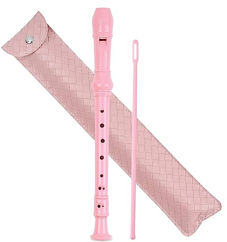 Czzmy Flûte à bec soprano,avec sac en cuir pu, tige de nettoyage et tableau des doigtés,8 trous C clé Flûte à bec doigté baroque/allemand instrument à vent pour débutants(2-Tressé rose)