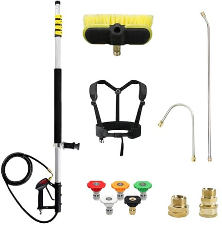 RAYNEL 24FT Telescoping Pressure Washer Extension Wand with Brush Head,Power Washer Extension Wand,Gutter Cleaner Attachment,5 Spray Nozzle Tips,Support Belt and 2 Hose Adapters