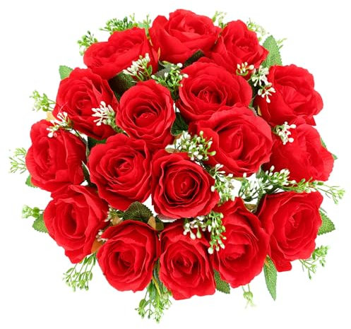 CUQRY Fiori per cimitero per tomba 18 fiori artificiali in seta per cimitero rose rosse commemorative fiori per lapidi tombali vasi funebri decorazioni