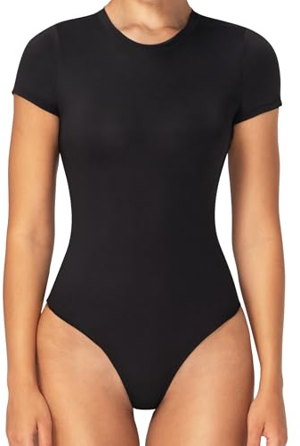 Sunzel Bodysuits for Women with Tummy Control- Crew Neck Short Sleeve Thong Body Suits Sexy Compression T shirts Tops,Black,Small