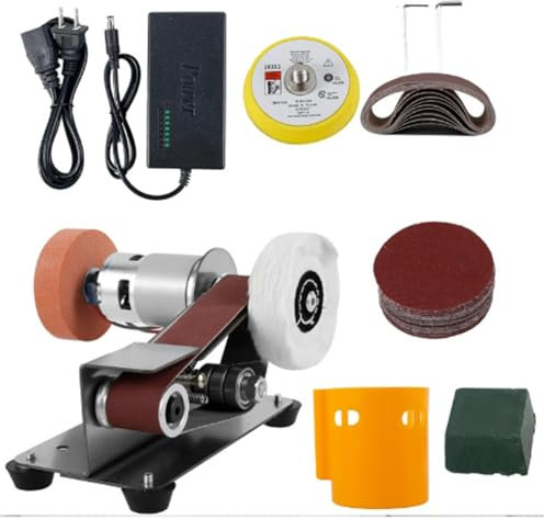 Mini lijadora de banda, lijadora de banda, mini amoladora de banco, 7 velocidades ajustables, pulidora fija for bricolaje, motor totalmente de cobre, cuerpo de acero inoxidable