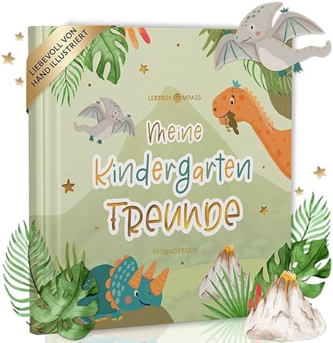 LEBENSKOMPASS Freundebuch Kindergarten Dino - Freundschaftsbuch mit handillustrierten Charakteren - liebevoll gestaltetes Kindergarten Freundebuch für Deine ersten Freunde