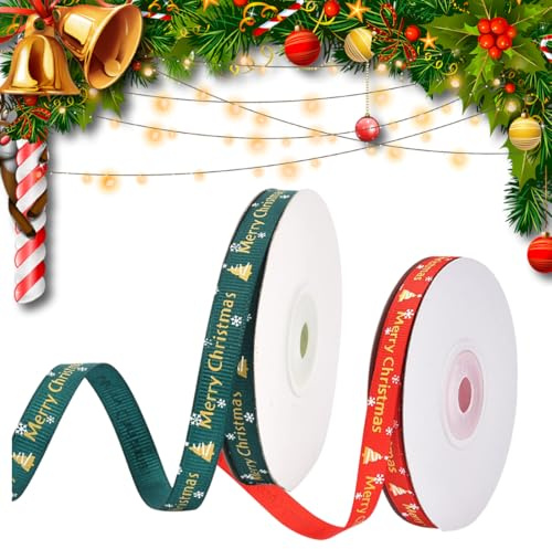 WUSJCOF Cintas Navideñas, 2 Rollos Regalo Navidad, Raso Navidad, Tela, Lazos Navidad para Regalos Decorativos, Flores o Artesanías, Lazos Regalo, Lazos Navidad (Verde/Rojo)