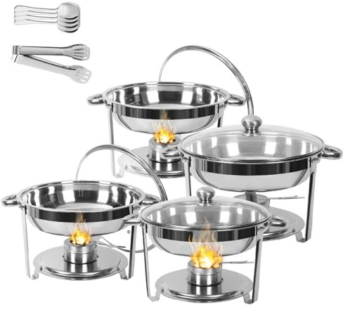 Chafing Dishes Lot de 4 plats de buffet ronds et chaufferettes avec couvercle en verre et support de couvercle, en acier inoxydable