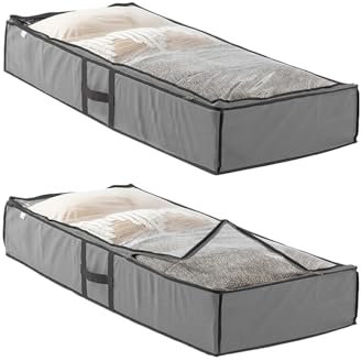 Under Bed Storage - Pack of 2 Under Bed Storage Containers for Clothes, Blankets, Winter Clothing, & Shoes with Handles, Dual Zippers, & Clear Top (Gray)