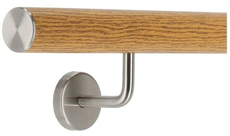 TIBU Pasamanos de aluminio roble decoración madera 30-600 cm pasamanos de pared escalera soporte de acero inoxidable en ángulo, longitud 40 cm con 2 soportes y tapa recta