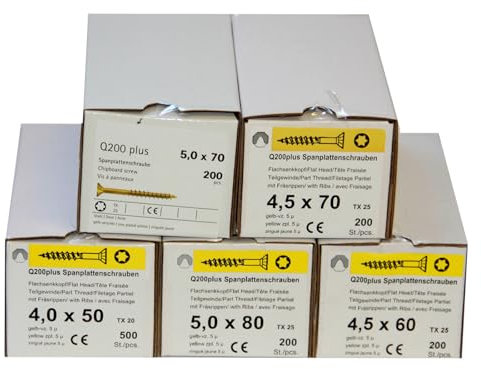 Sopomarkt24 5,2 kg Schrauben Set – Spanplattenschrauben Torx Senkkopf gelb verzinkt Q200plus, Teilgewinde, Flachsenkkopf, Antrieb TX 20 und TX 25, 1.100 Stück in verschiedenen Größen für Holzverbindun