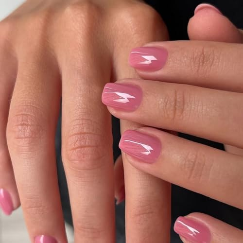 KQueenest Lot de 24 faux ongles press on nails, courts, carrés, à coller, en gel acrylique, couleur naturelle unie, pour femme - Rose foncé