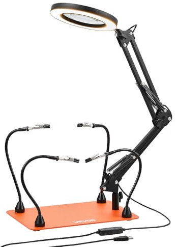 VEVOR Stazione Saldatura Magnetica con Lampada d'Ingrandimento LED 3X 4 Bracci Flessibili, Strumento Terza Mano per Saldatura Base Antiscivolo, Supporto Aiuto per Saldatura Riparazioni Fai da te
