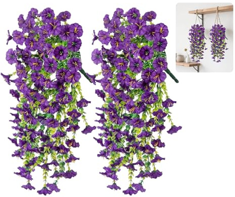 ZHYTUAL 2 Piezas Violetas Flores Artificiales Flores de Petunia Colgantes Plantas Artificiales Decorativas Exterior Plantas Colgantes Adecuadas para el Colocamiento en Balcón Escenario Jardín