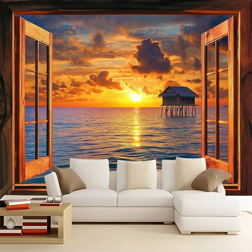 WHUOEUCO Papel Pintado Efecto 3D Vista Del Mar Al Atardecer Desde La Ventana 250x175 cm Fotomurales Papel Tapiz Tejido No Tejido, Moderno Murales Decoración para Dormitorio Salón Habitación de Niño