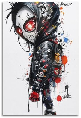 ZZBXSJ Minimalistisches, abstraktes Leinwandbild, Pop-Art-Anime-Poster mit coolem Kapuzencharakter und Spritzern, Raumdekor, Kunstwerk-Poster, 60 x 90 cm