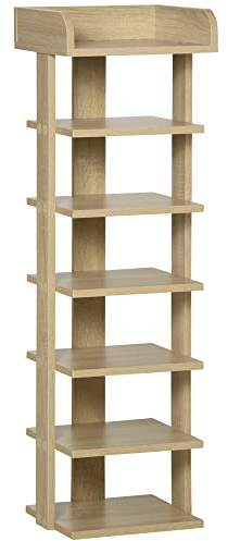 HOMCOM Zapatero Estrecho de 7 Niveles, Estantería de Zapatos, para 6 Pares de Zapatos, para Espacio Pequeño, Dormitorio y Pasillo, Roble