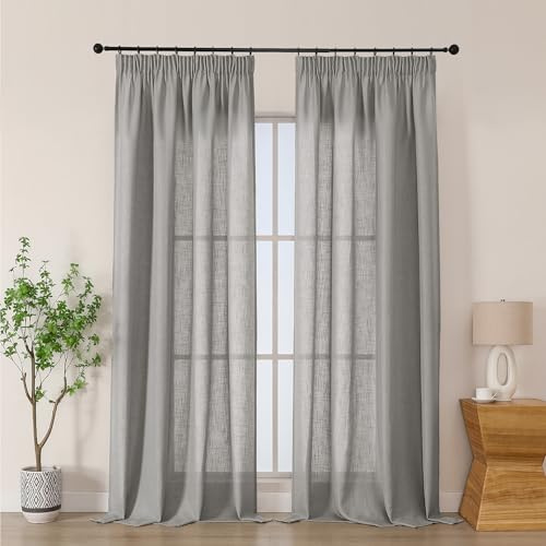 Simplebrand Gardinen Vorhänge mit Kräuselband Vorhang lang Modern Leinenoptik Halbtransparent Kräuselbandvorhang für Wohnzimmer Schlafzimmer Kinderzimmer Mädchen Raumteiler 2er Set Grau H245 x B140CM
