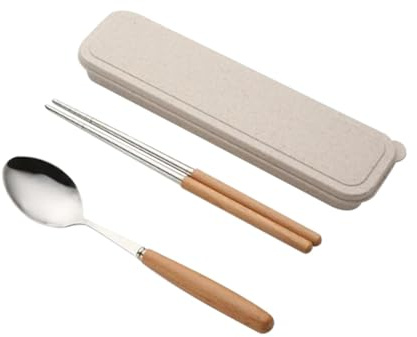 LIFKOME 2 piezas Cubiertos Portátil de Acero Inoxidable y Mango de Madera Cuchara y Palillos para Camping y Viaje con Estuche Cubertería Ligera y Duradera para Vajilla de Acampada