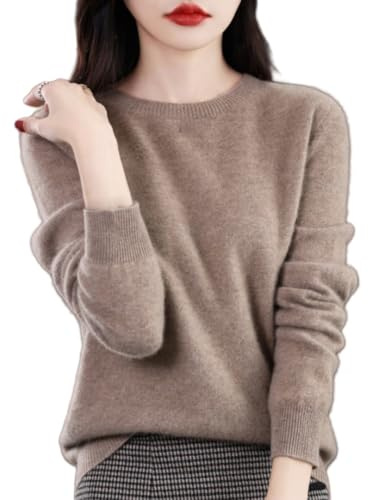 Generisch 100% Kaschmirpullover für Damen, langärmeliger Rundhalsausschnitt, weicher, Warmer Pullover, Slim Fit-Pullover für Damen (Camel,L)