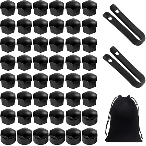 HEUIOP 51 Pcs 17mm Wheel Nut Covers Set with 40 Standard & 8 Round Locking Ones with Removal Tool Black Cloth Bag, Universal Durable & Stylish Black Car Wheel Bolt Caps Hub Screw Covers