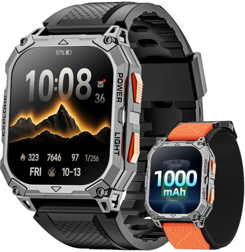 Smartwatch Herren, 2.01 HD Smart Watch mit 1000mAh Lange Akkulaufzeit, 114+ Sportmodi Militärischer Stil Fitnessuhr mit Herzfrequenz/Schrittzähler/Schlafmonitor/Taschenlampe Android iOS Mens Watches