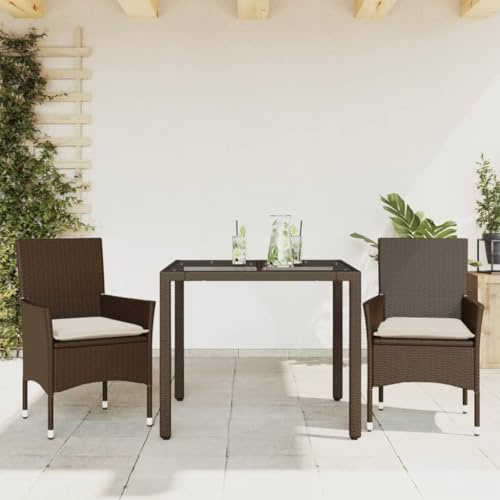 JHQHSM 3-TLG. Garten-Essgruppe mit Kissen Braun Poly Rattan Glas Tischplatte, Gartenmöbel-Set für Terrasse und Außenbereich, Wetterbeständige PE-Rattan Sitzgruppe mit Polsterkissen
