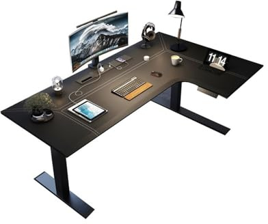 Datorbord, Höjdjusterbart L-format PC-skrivbord i läder, elektriskt hörnskrivbord, arbetsstation med sittstöd och laddningsuttag(140cm)