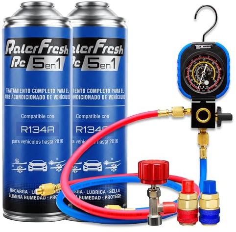 Ralerfresh RC 5 in 1 - Ricarica aria condizionata auto R134a - Gas refrigerante, Sigilla le perdite, Lubrificante, Elimina l'umidità e Protegge (2 bombole + manometro RF31 + connettori)