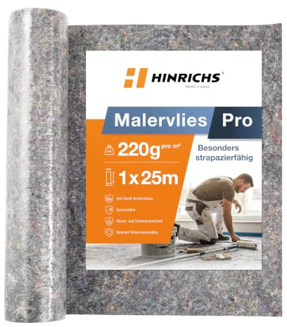 Hinrichs Malervlies 25m x 1m 220g/m² - Maler-Abdeckvlies mit Anti-Rutsch Beschichtung - Abdeckfliesse für Boden - Allzweckvlies als Schutz für Boden, Treppen & Möbel bei Renovierung & Umzug