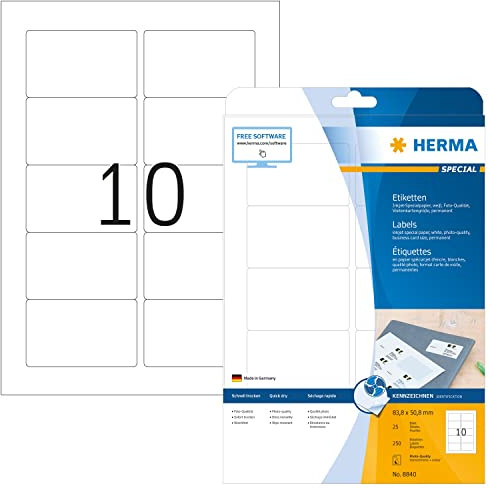 HERMA 8840 Universal Etiketten für Inkjet Drucker, 25 Blatt, 83,8 x 50,8 mm, 10 pro A4 Bogen, 250 Stück, selbstklebend, bedruckbar, matt, blanko Klebeetiketten Aufkleber für Tintenstrahldrucker, weiß