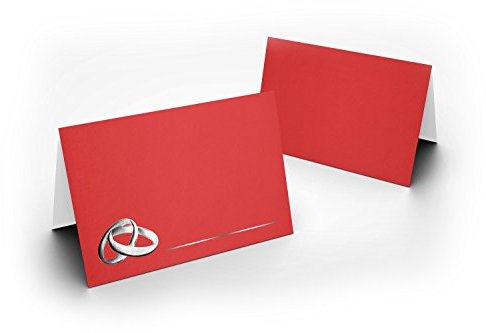 100 Hochzeit Tischkarten (Tischkarten Rosen Rot mit Ringen Silber) für Hochzeit, liebevolle Tischdekoration ! Format 8,5 x 11,2 cm